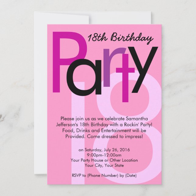 Pink Type 18th Birthday Party Invitation (Devant)