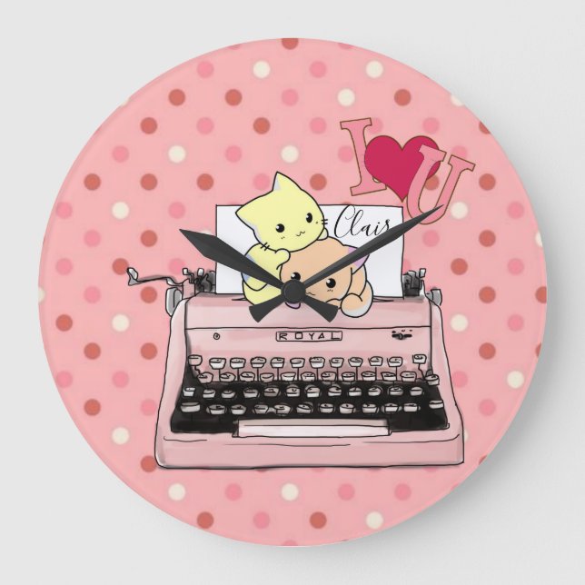 Pink Typewriter Cats  Clock Große Wanduhr (Vorderseite)