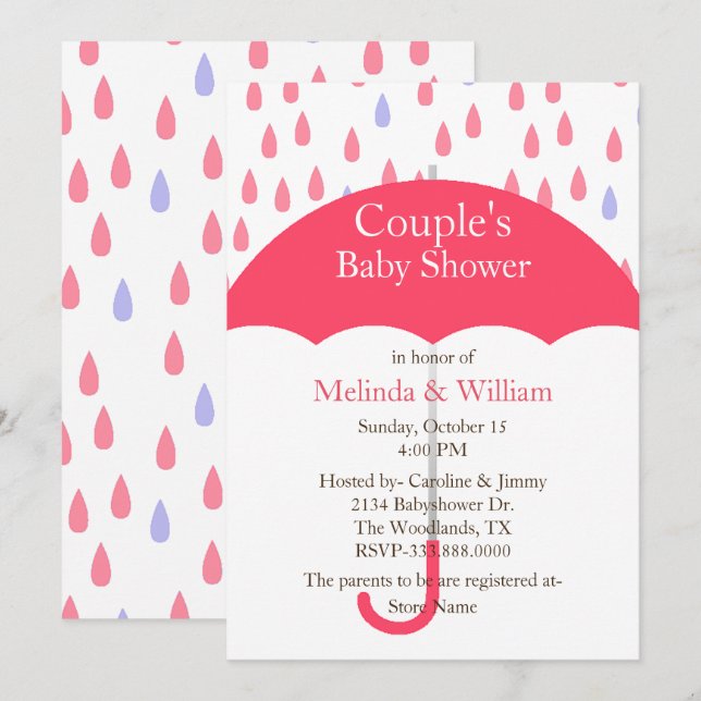 Pink Umbrella Baby Dusche Einladung (Vorne/Hinten)