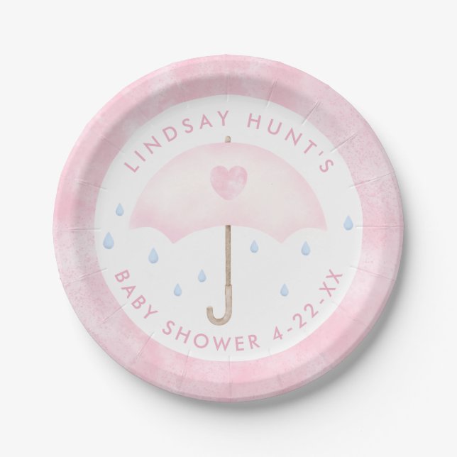 Pink Umbrella Baby Dusche Pappteller (Vorderseite)