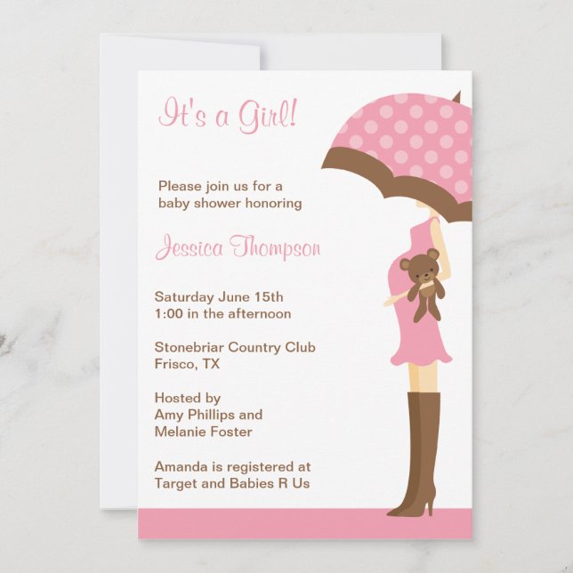 Pink Umbrella Baby Shower Einladungen (Vorderseite)