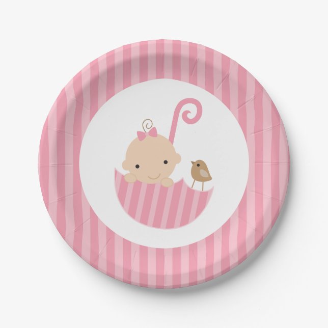 Pink Umbrella Girl Babydusche Pappteller (Vorderseite)