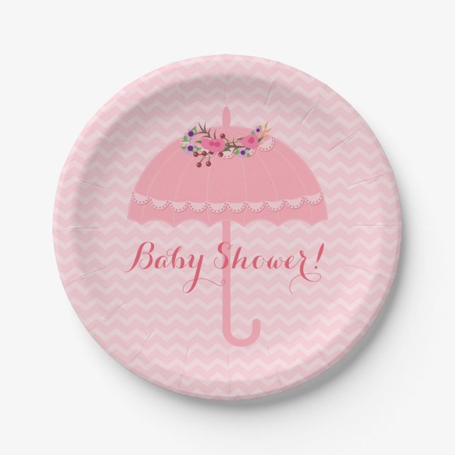 Pink Umbrella Girl Babydusche Zickzack Papierplatt Pappteller (Vorderseite)