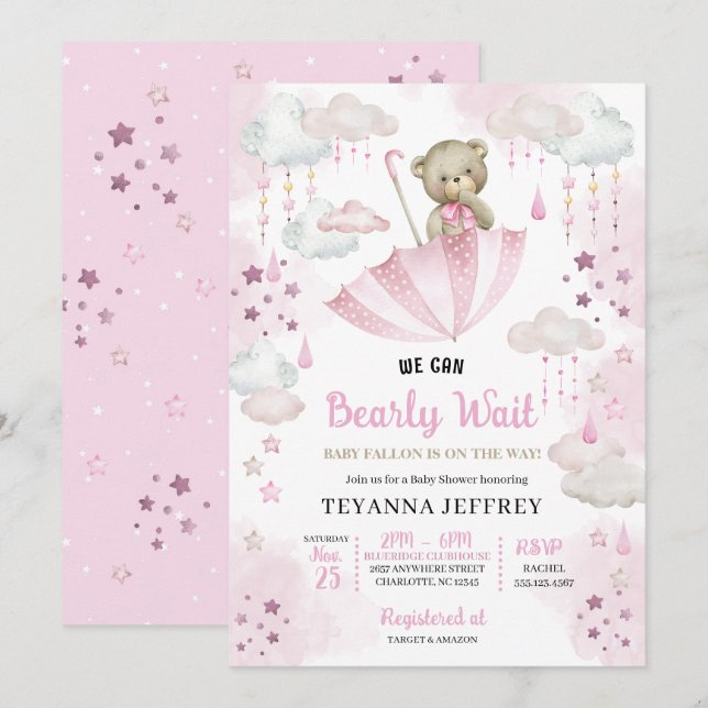 Pink Umbrella Teddy Bear Baby Sprinkle Baby Dusche Einladung (Vorne/Hinten)