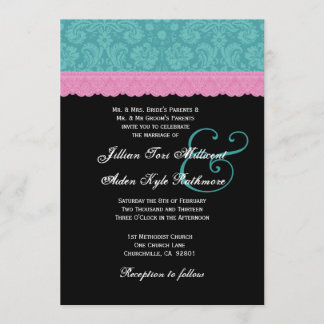 Pink und Aqua Damask Spitzen-Hochzeitsmonogramm P5 Einladung