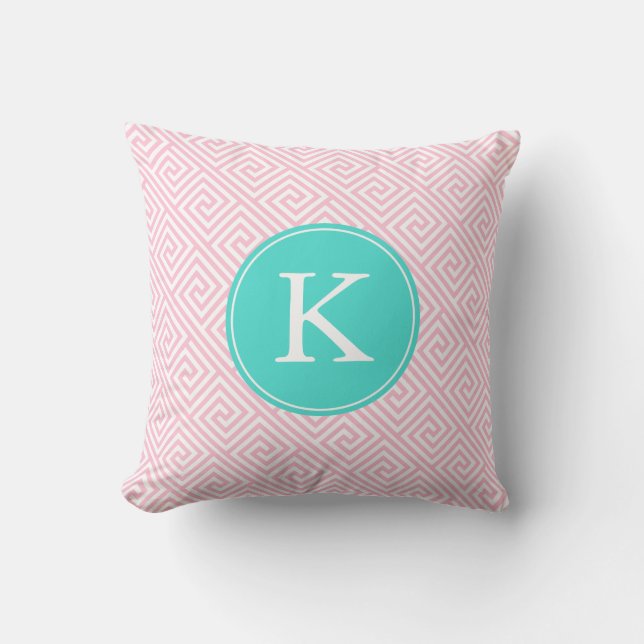 Pink und Aqua Griechisches Schlüsselmuster Monogra Kissen (Vorderseite)
