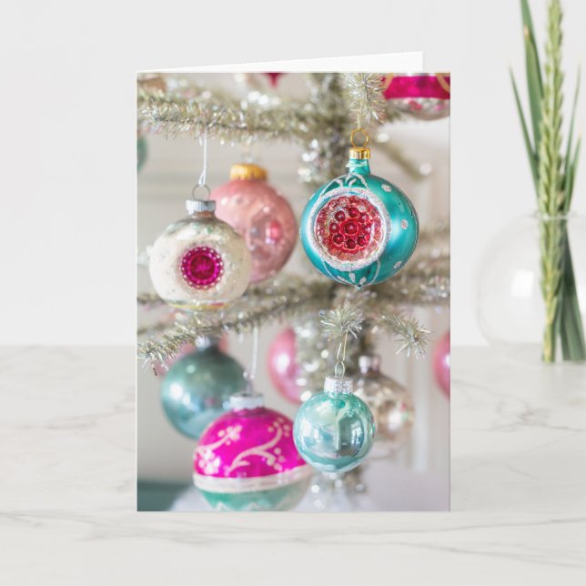 Pink und Aqua Vintage Weihnachtsschmuck Karte (Vorderseite)