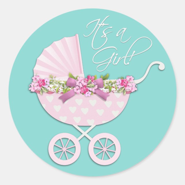 Pink und Aquamarin Blue Baby Carriage Stickers (Vorderseite)