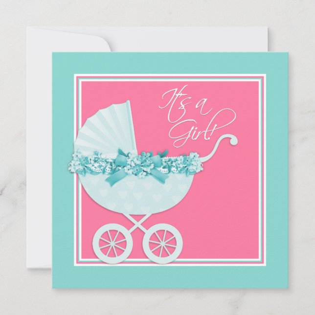 Pink und Aquamarin Blue Pram Babydusche Einladung (Vorderseite)
