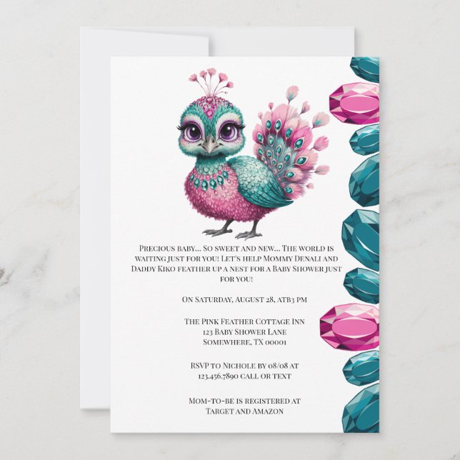 Pink und Aquamarin Jewel Baby Peacock Baby Dusche Einladung (Vorderseite)