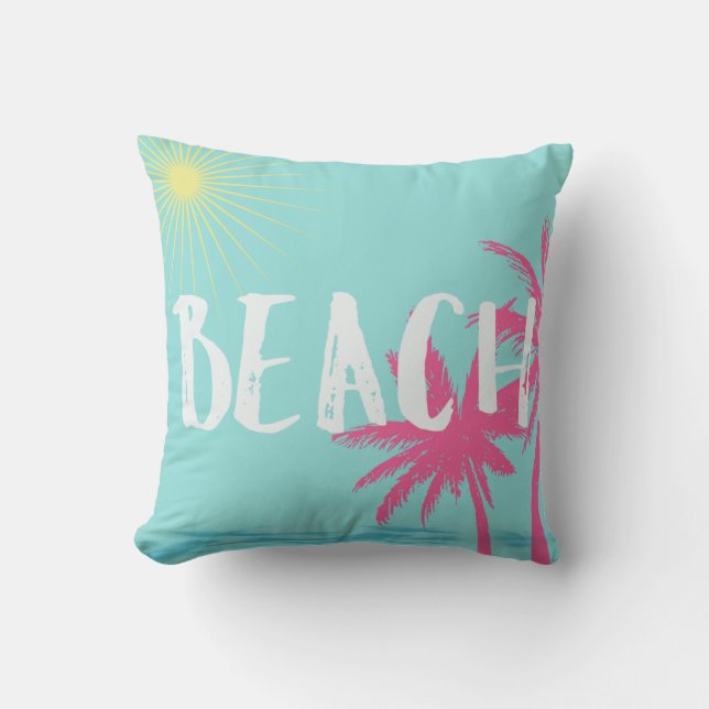 Pink und Aquamarin Palm Tree Beach Kissen (Vorderseite)