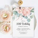 Pink und Beige Aquarell Floral 50. Geburtstag Einladung<br><div class="desc">Dieses wunderschöne feminine 50. Geburtstagsfest lädt zum Feiern dieses besonderen Meilenstein ein. Dieses Design besticht durch ein hübsches Bouquet aus Aquarellmohn, Rose, Eukalyptus und die anschließende Vegetation in Pastellbeige, Rosa, Grün und Blau. Feiern Sie den Ehrengast in charmantem Stil mit diesem einzigartigen Einladungs-schnurförmigen Design. Personalisieren Sie die Textvorlage mit Ihren...</div>