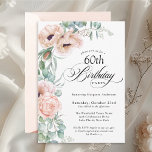 Pink und Beige Aquarellfarben Floral 60. Geburtsta Einladung<br><div class="desc">Dieses wunderschöne feminine 60. Geburtstagsfest lädt zum Feiern dieses besonderen Meilenstein ein. Freuen Sie sich auf hübsche Bouquets von weichen Aquarellmohn, Rose, Eukalyptus und die anschließende Vegetation in Pastellbeige, Rosa, Grün und Blau. Feiern Sie den Ehrengast im charmanten Stil mit einem Geburtstag, der in einer schönen Kalligraphie-Schrift geschrieben wurde. Personalisieren...</div>