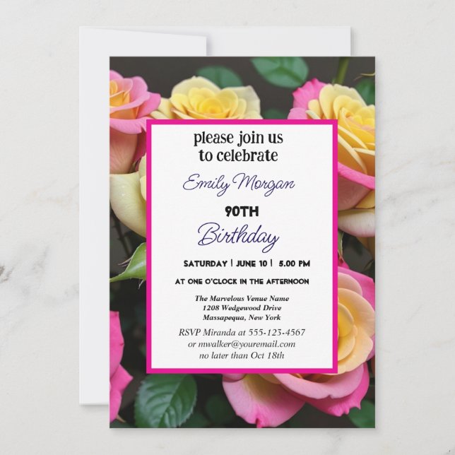 Pink und Beige Aquarellfarben Floral 90. Geburtsta Einladung (Vorderseite)