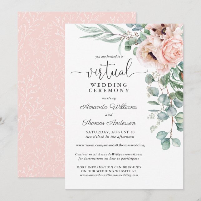 Pink und Beige Blütenopfen Virtual Wedding Einladung (Vorne/Hinten)