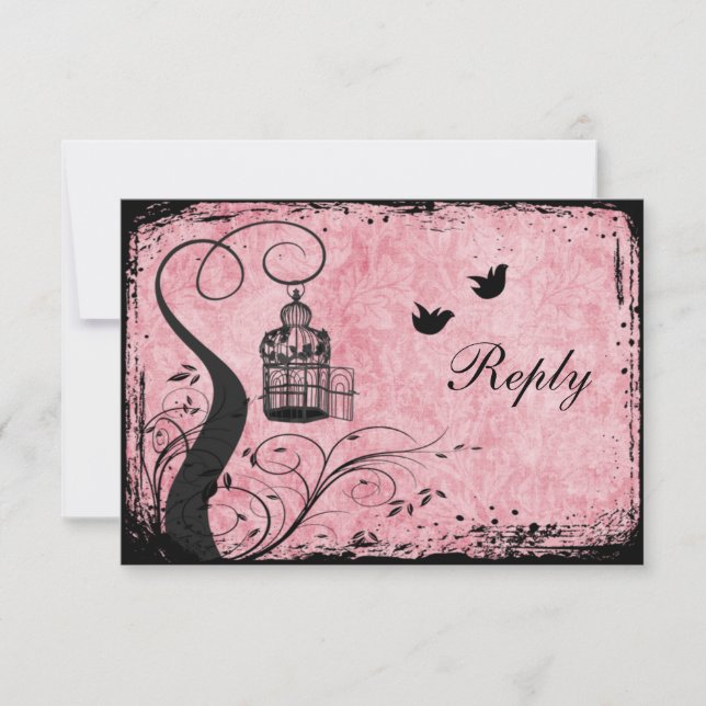 Pink und Black Birdcage Lovebirds Antwortkarte RSVP Karte (Vorderseite)