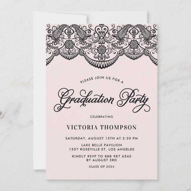 Pink und Black Brocade Lace Graduation Party Einladung (Vorderseite)
