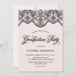 Pink und Black Brocade Lace Graduation Party Einladung