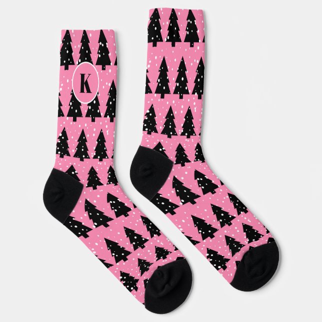 Pink und Black Christmas Tree Crew Socks Socken (Rechts)