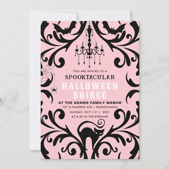 Pink und Black Damask Glam Halloween Soiree Einladung (Vorderseite)