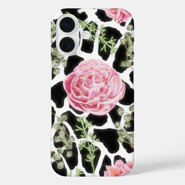 Pink und Black Giraffe Muster und Blume iPhone 16 Hülle (Rückseite)