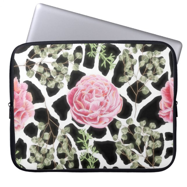 Pink und Black Giraffe Muster und Blume Laptopschutzhülle (Vorderseite)