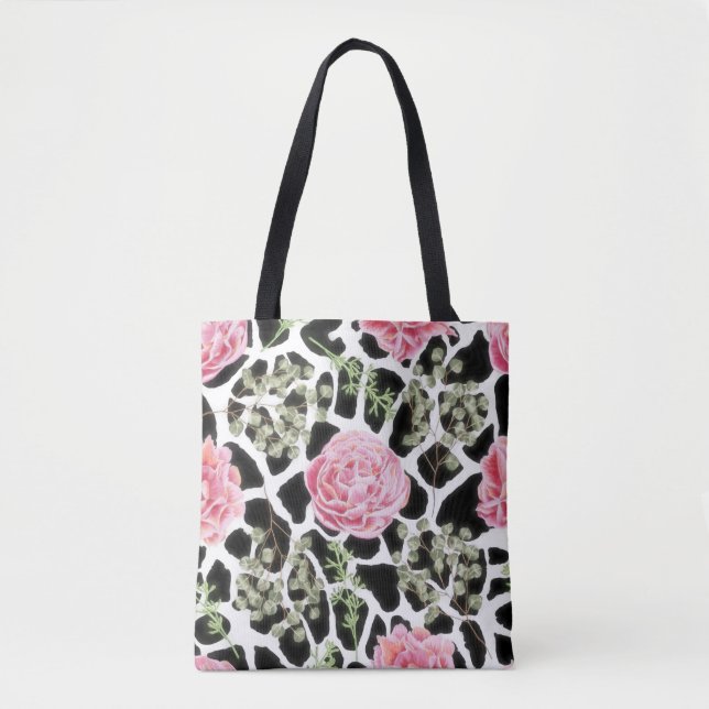 Pink und Black Giraffe Muster und Blume Tasche (Vorderseite)