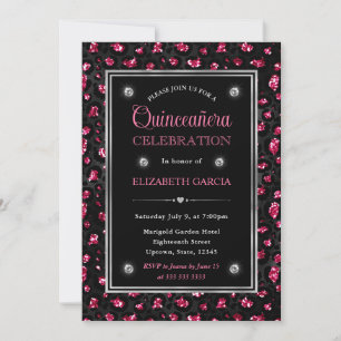 Pink und Black Glitzer Leopard Spots Quinceanera Einladung