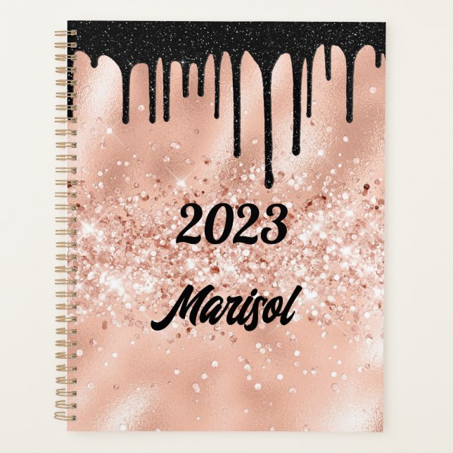 Pink und Black Glitzer Tropfen Planer 2023 (Vorderseite)