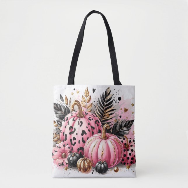 Pink und Black Pumpkins und Feathers Tasche (Vorderseite)
