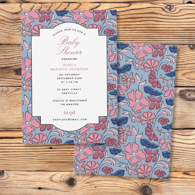 Pink und blau Blütenblock Print Girl Baby Dusche Einladung (Pink and Blue Floral Block Print Girl Baby Shower Invitation)
