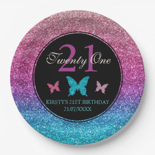 Pink- und Blau-Verlaufs-Glitter- und Schmetterling Pappteller