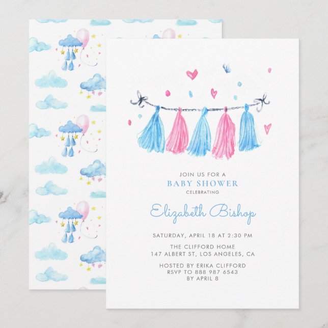 Pink und blau Wasserfarbtassels Babydusche Einladung (Vorne/Hinten)