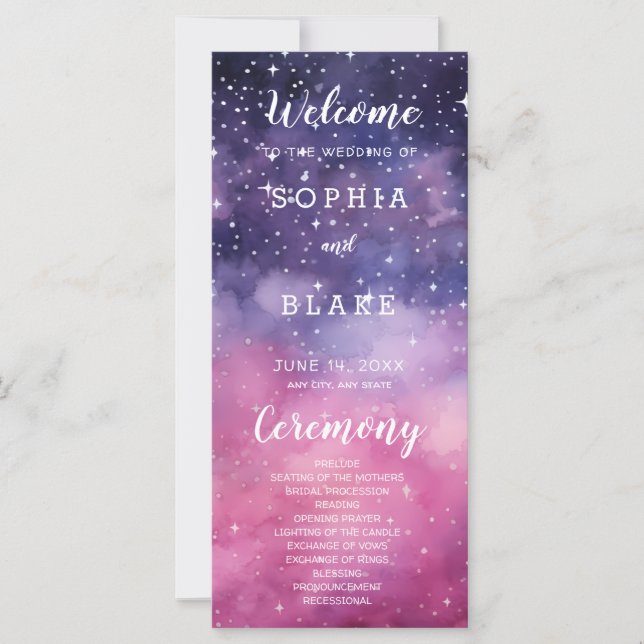 Pink und blaue Sterne Himmlisches Hochzeitsprogram (Vorderseite)