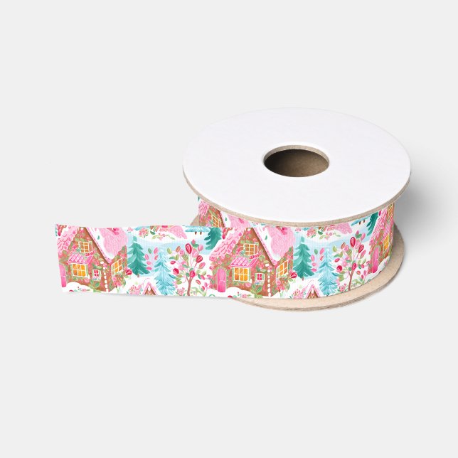 Pink und Blue Christmas Gingerbrett Stadt Ripsband (Spule)