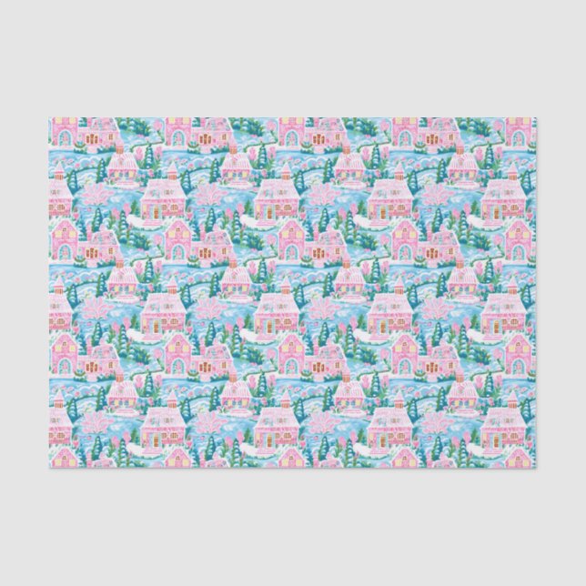 Pink und Blue Christmas Gingerbrett Village Seidenpapier (Vorderseite)
