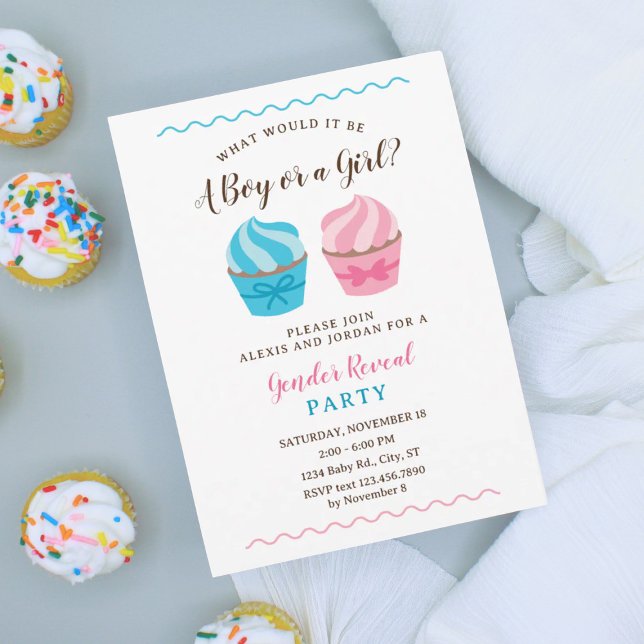 Pink und Blue Cupcakes Baby Gender Reveal Einladung (Von Creator hochgeladen)