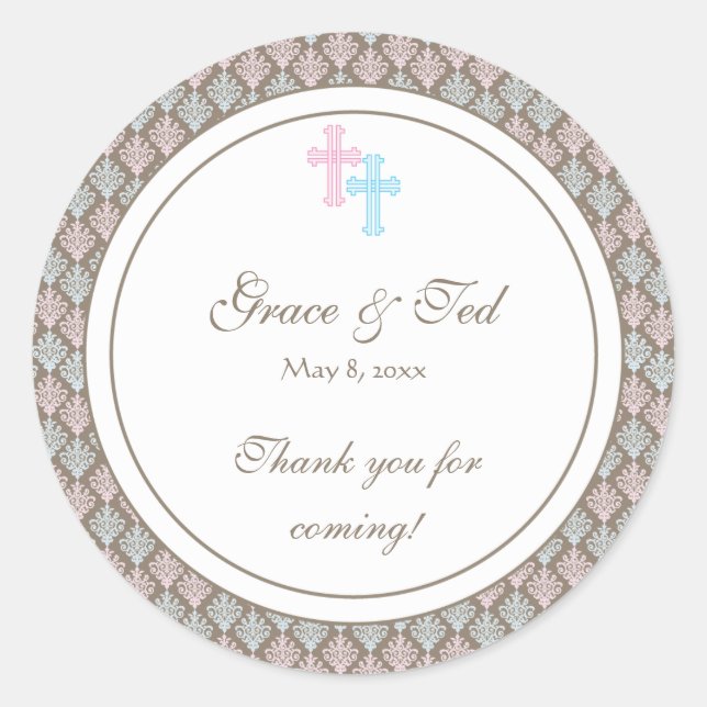 Pink und Blue Damask Cross Gefälligkeitsaufkleber Runder Aufkleber (Vorderseite)