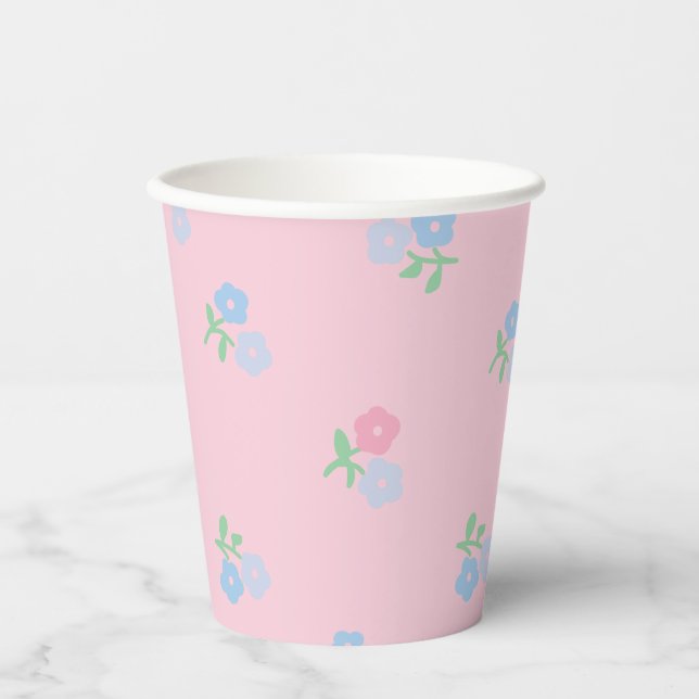 Pink und Blue Floral Paper Cups Pappbecher (Vorderseite)