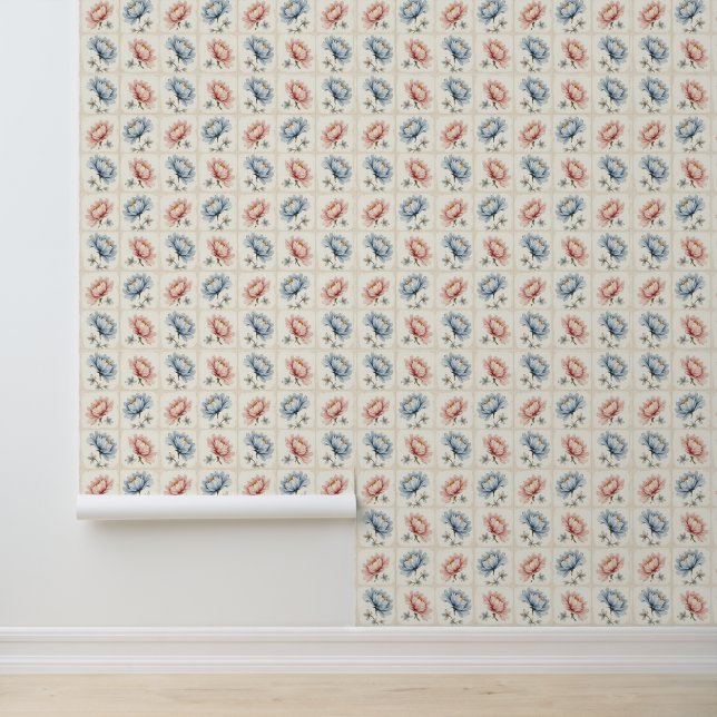 Pink und Blue Floral Squares Tapete (Anwendung)