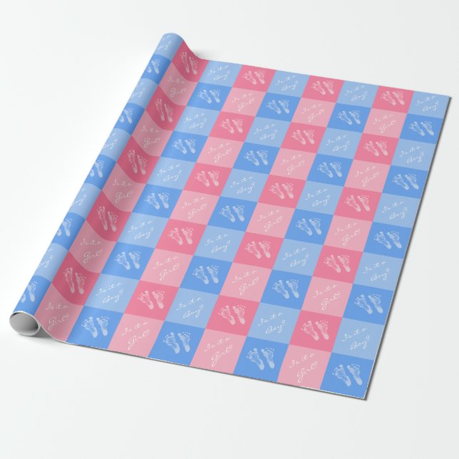 Pink und Blue Footprints Baby Gender Reveal Party Geschenkpapier (Ungerollt)