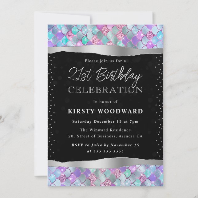 Pink und Blue Glitzer Mermaid Scales 21. Geburtsta Einladung (Vorderseite)