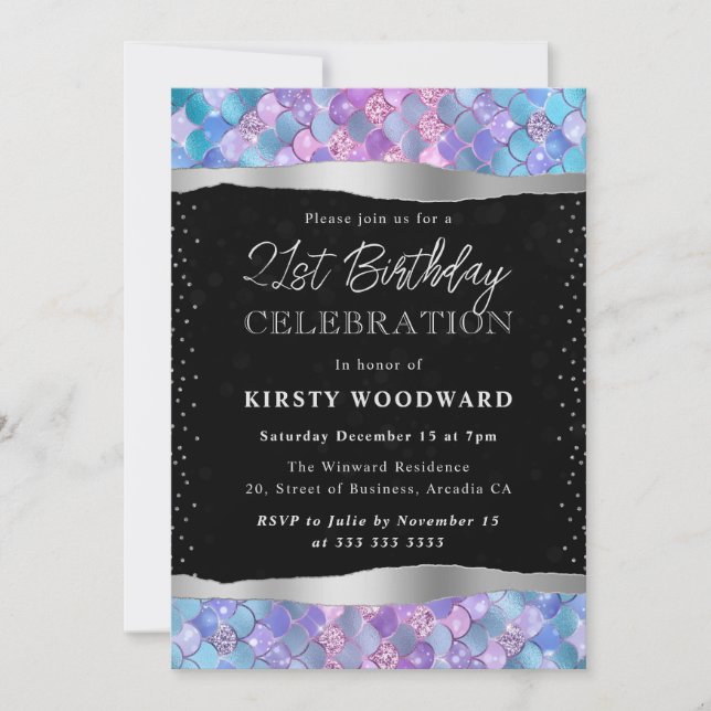 Pink und Blue Glitzer Mermaid Scales 21. Geburtsta Einladung (Vorderseite)