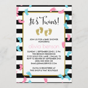 Pink und Blue Gold Footprints von Twins Baby Shoot Einladung