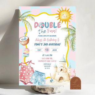 Pink und Blue Groovy Pastel Sibling Beach Geburtst Einladung