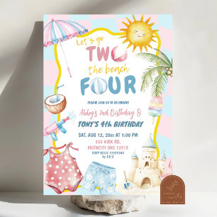 Pink und Blue Groovy Pastel Sibling Beach Geburtst Einladung