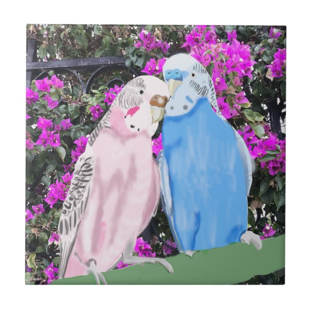 Pink und Blue Kissing Budgies und Bougainvillea Fliese (Vorderseite)