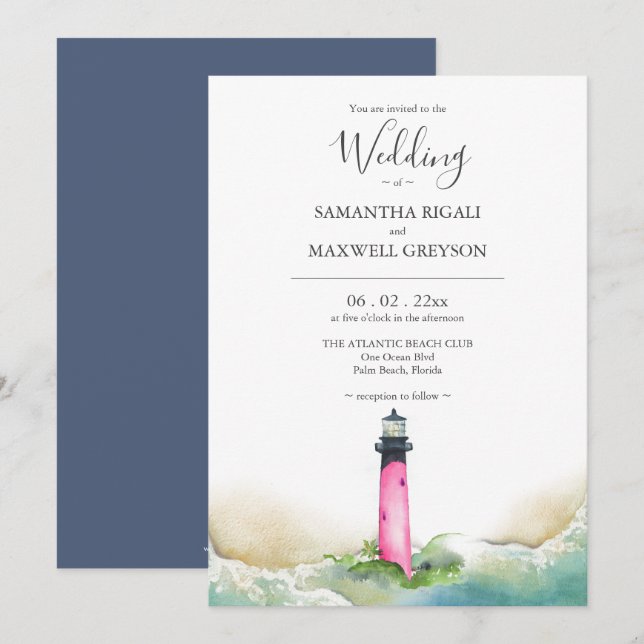 Pink und Blue Lighthouse Beach Hochzeit in Urlaubs Einladung (Vorne/Hinten)