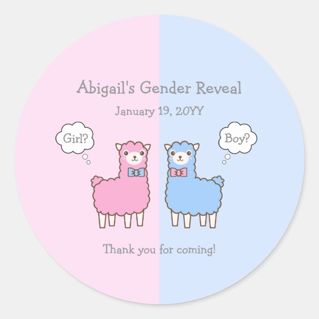 Pink und Blue Llama Gender Reveal Baby Dusche Runder Aufkleber (Vorderseite)
