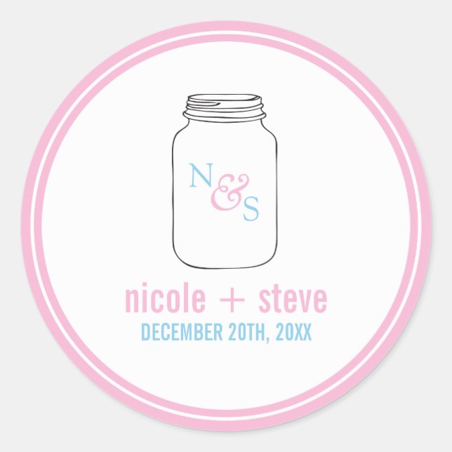Pink und Blue Mason Jar Monogram Wedding Runder Aufkleber (Vorderseite)